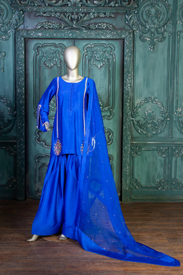 Roya-Handworked Blue Silk Suit with Farshi Shalwar & Organza Dupatta