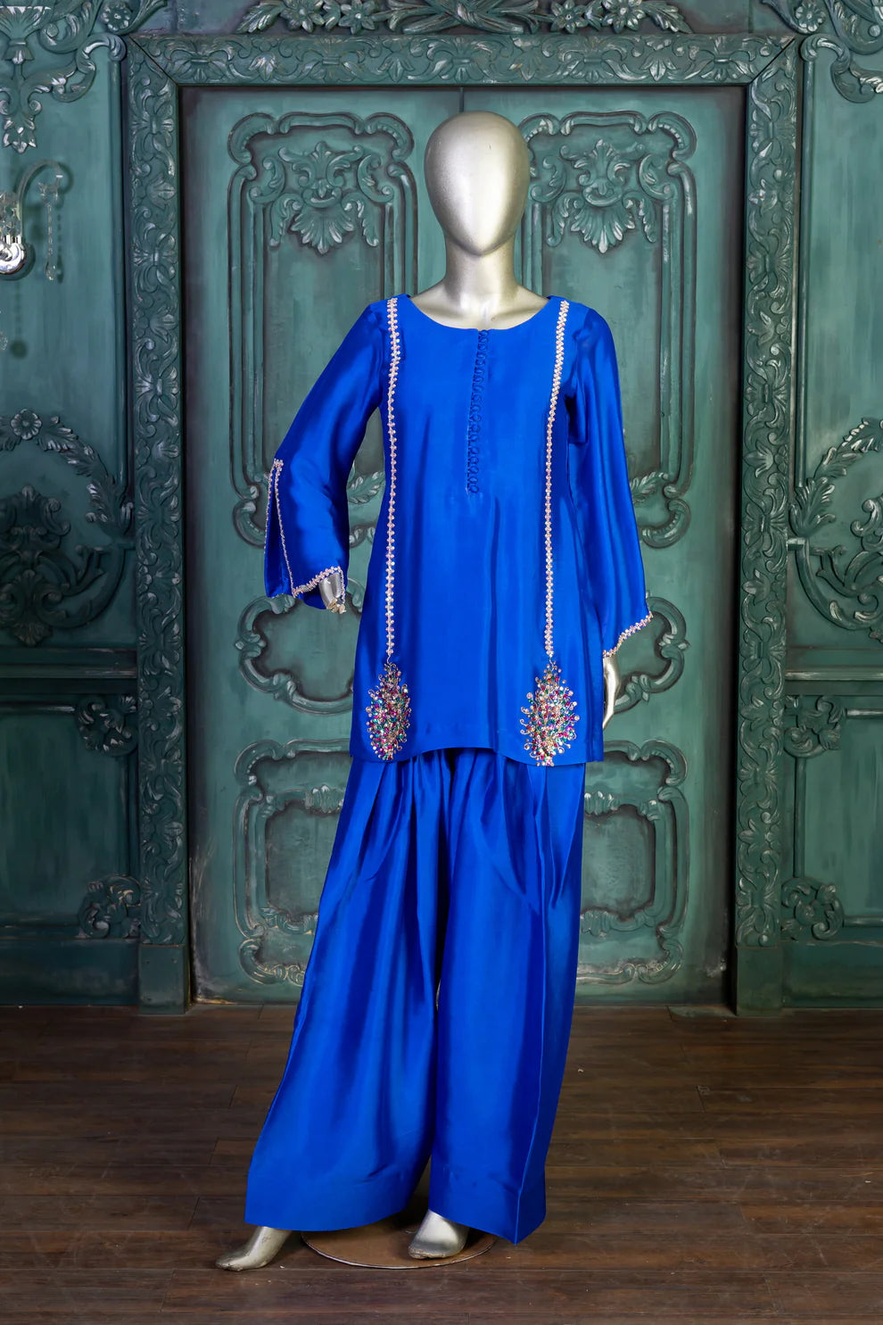 Roya-Handworked Blue Silk Suit with Farshi Shalwar & Organza Dupatta
