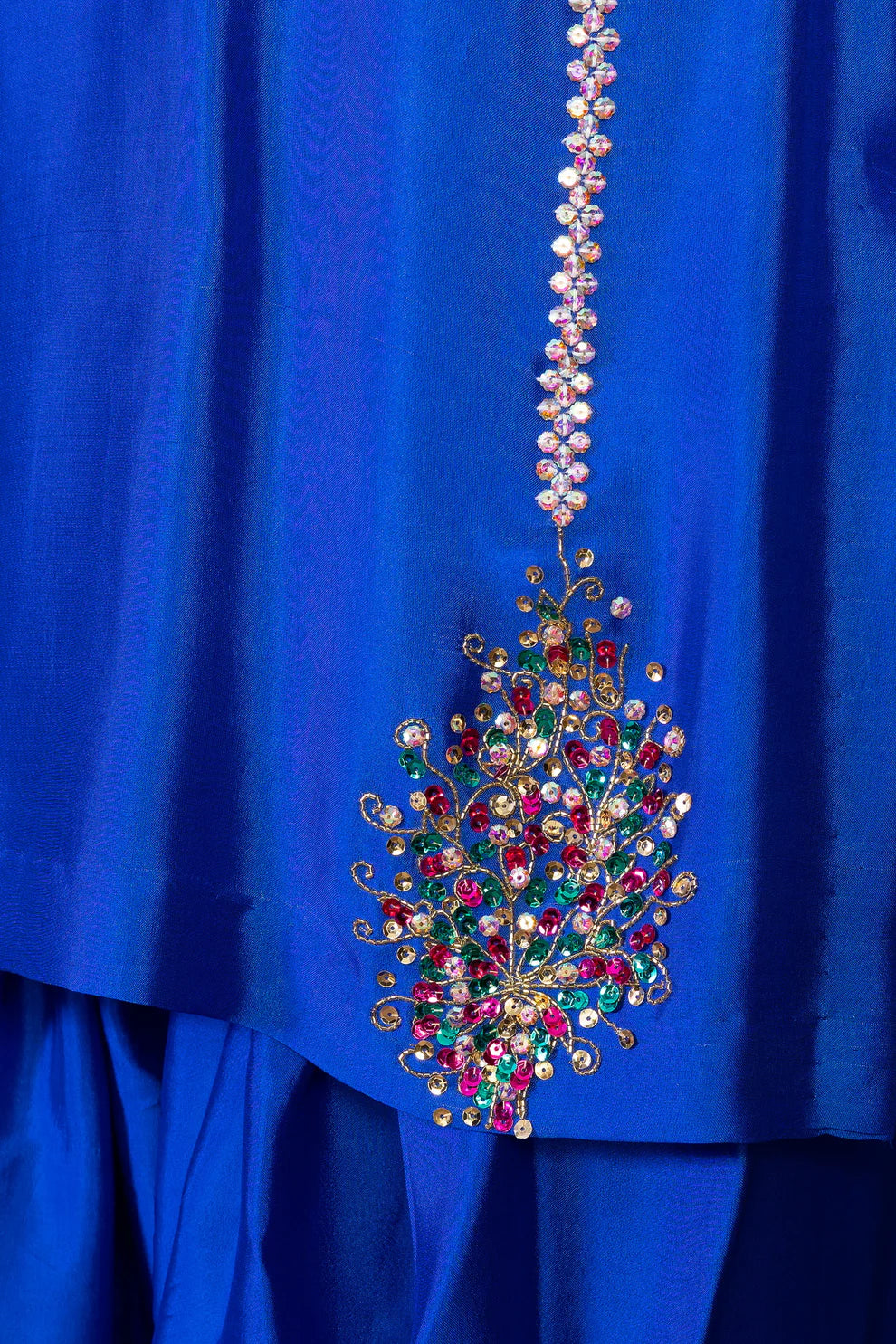 Roya-Handworked Blue Silk Suit with Farshi Shalwar & Organza Dupatta