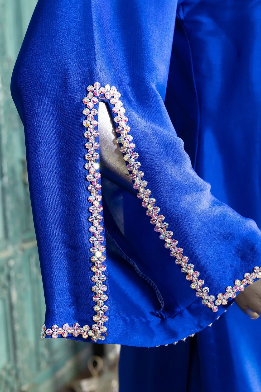 Roya-Handworked Blue Silk Suit with Farshi Shalwar & Organza Dupatta