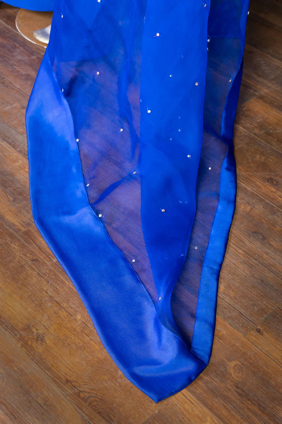 Roya-Handworked Blue Silk Suit with Farshi Shalwar & Organza Dupatta