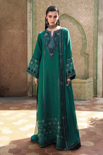 Royal Affair Nuvera green embroidered raw silk stitched 3PC suit with chiffon dupatta