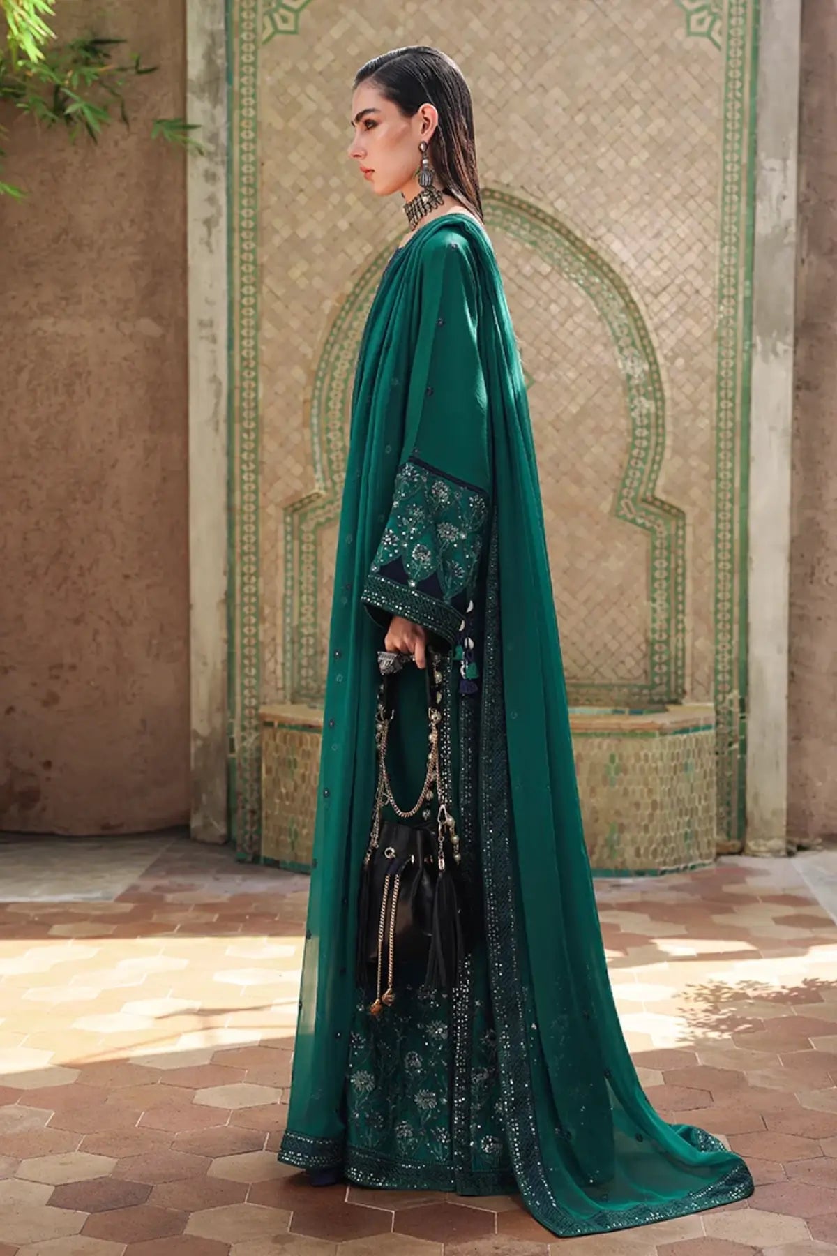 Royal Affair Nuvera green embroidered raw silk stitched 3PC suit with chiffon dupatta