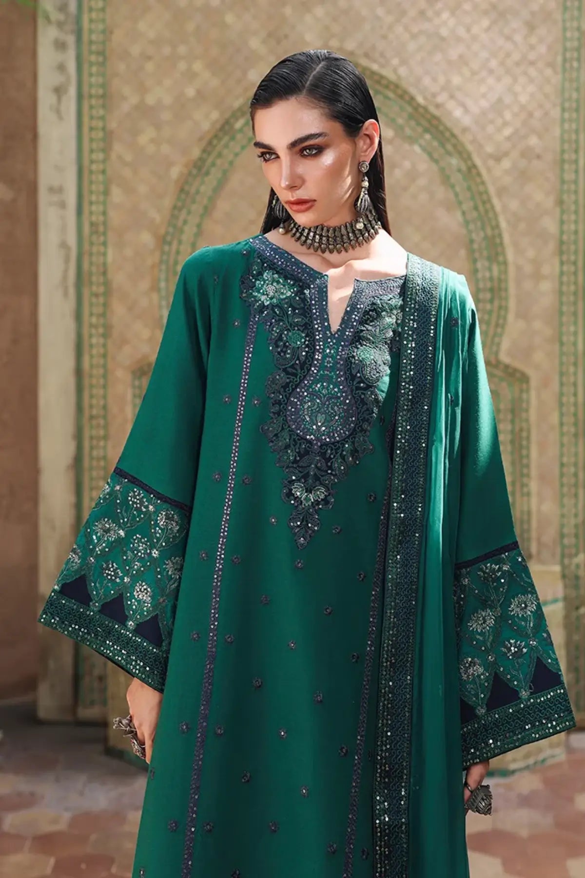 Royal Affair Nuvera green embroidered raw silk stitched 3PC suit with chiffon dupatta