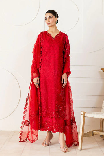 Rubea elegant red party wear dress with raw silk trousers – Pakistanimoda