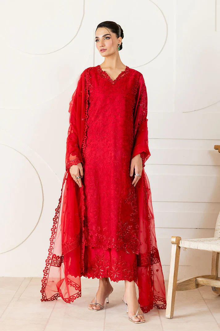Rubea elegant red party wear dress with raw silk trousers – Pakistanimoda