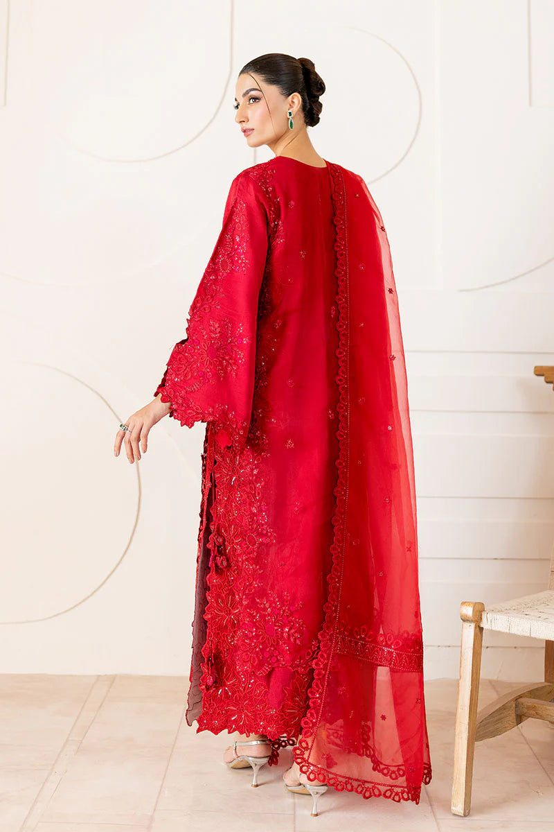Rubea elegant red party wear dress with raw silk trousers – Pakistanimoda
