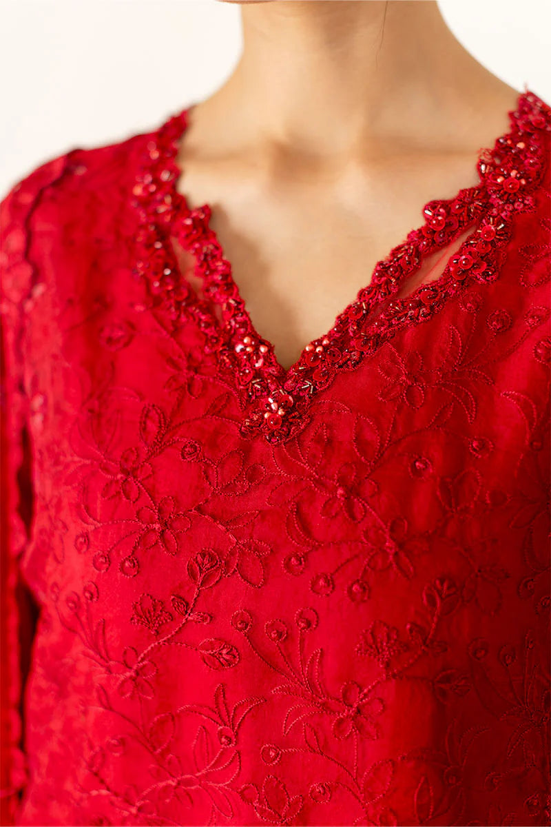 Rubea elegant red party wear dress with raw silk trousers – Pakistanimoda