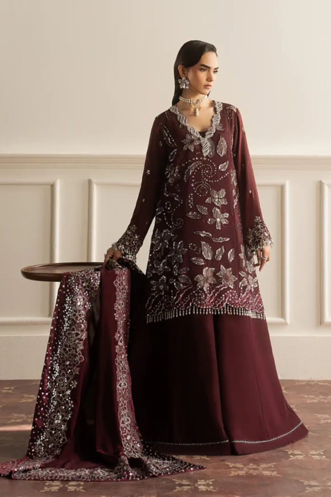 Ruby Luxe by Sadaf Fawad Khan burgundy embroidered sharara from Roya Lumière Collection