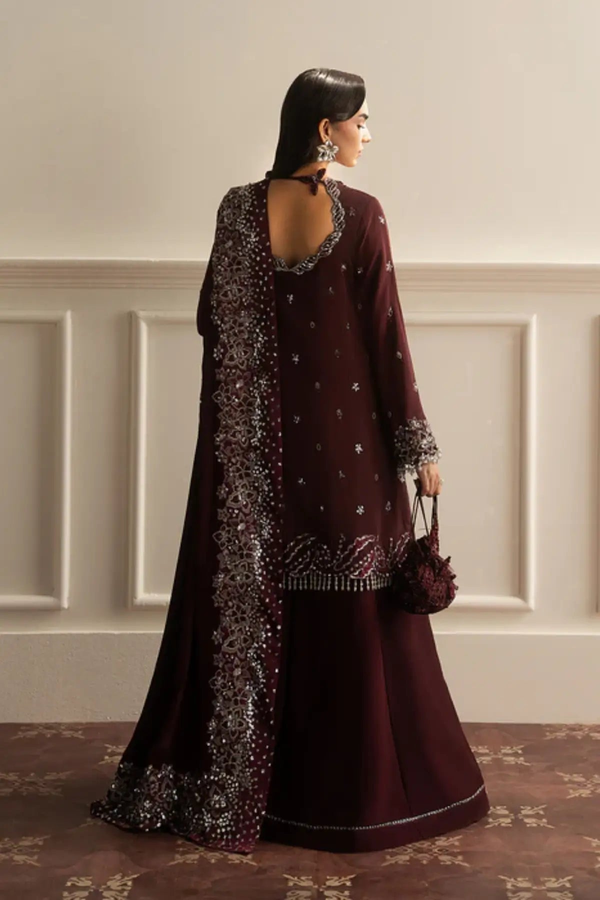 Ruby Luxe by Sadaf Fawad Khan burgundy embroidered sharara from Roya Lumière Collection