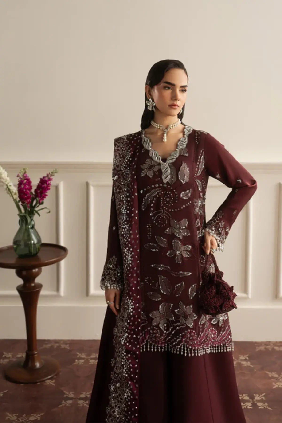 Ruby Luxe by Sadaf Fawad Khan burgundy embroidered sharara from Roya Lumière Collection