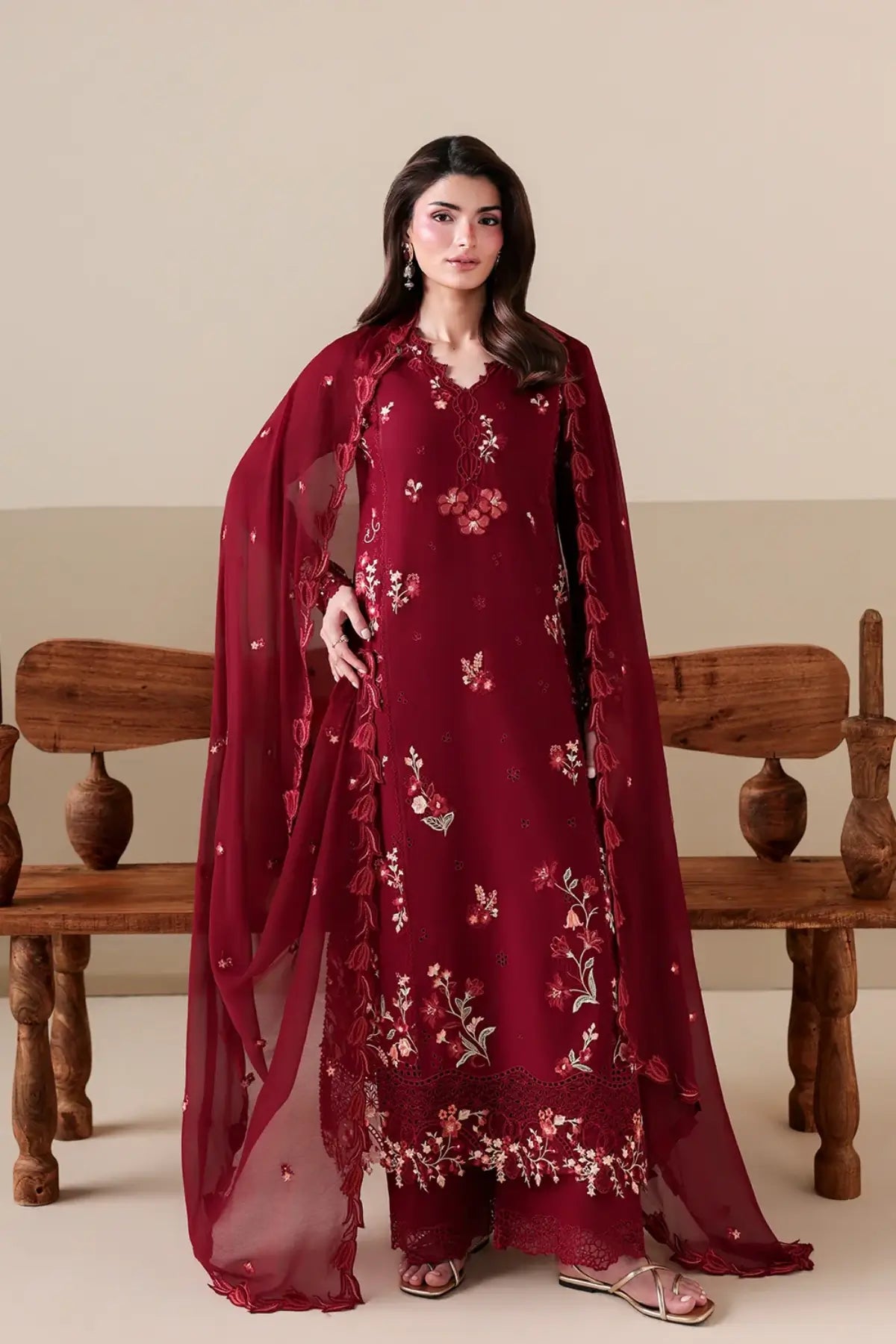 Ruby Rose by Azure maroon embroidered lawn stitched 3PC suit with chiffon dupatta and matching trousers