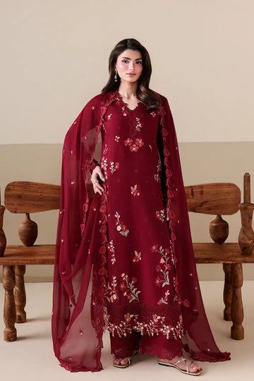 Ruby Rose by Azure maroon embroidered lawn stitched 3PC suit with chiffon dupatta and matching trousers