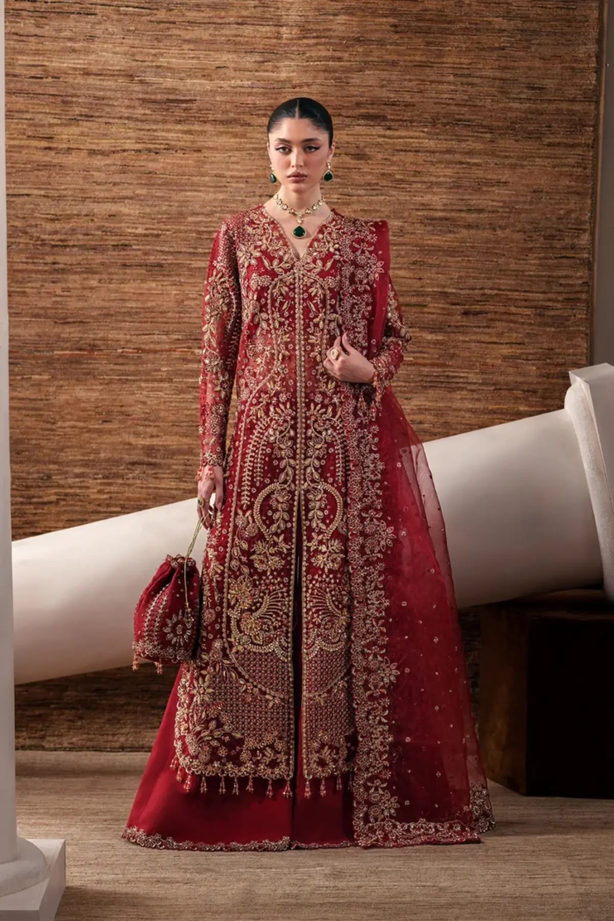 Ruby Veil Emaan Adeel red embroidered organza stitched 3PC wedding suit with dupatta and raw silk trouser