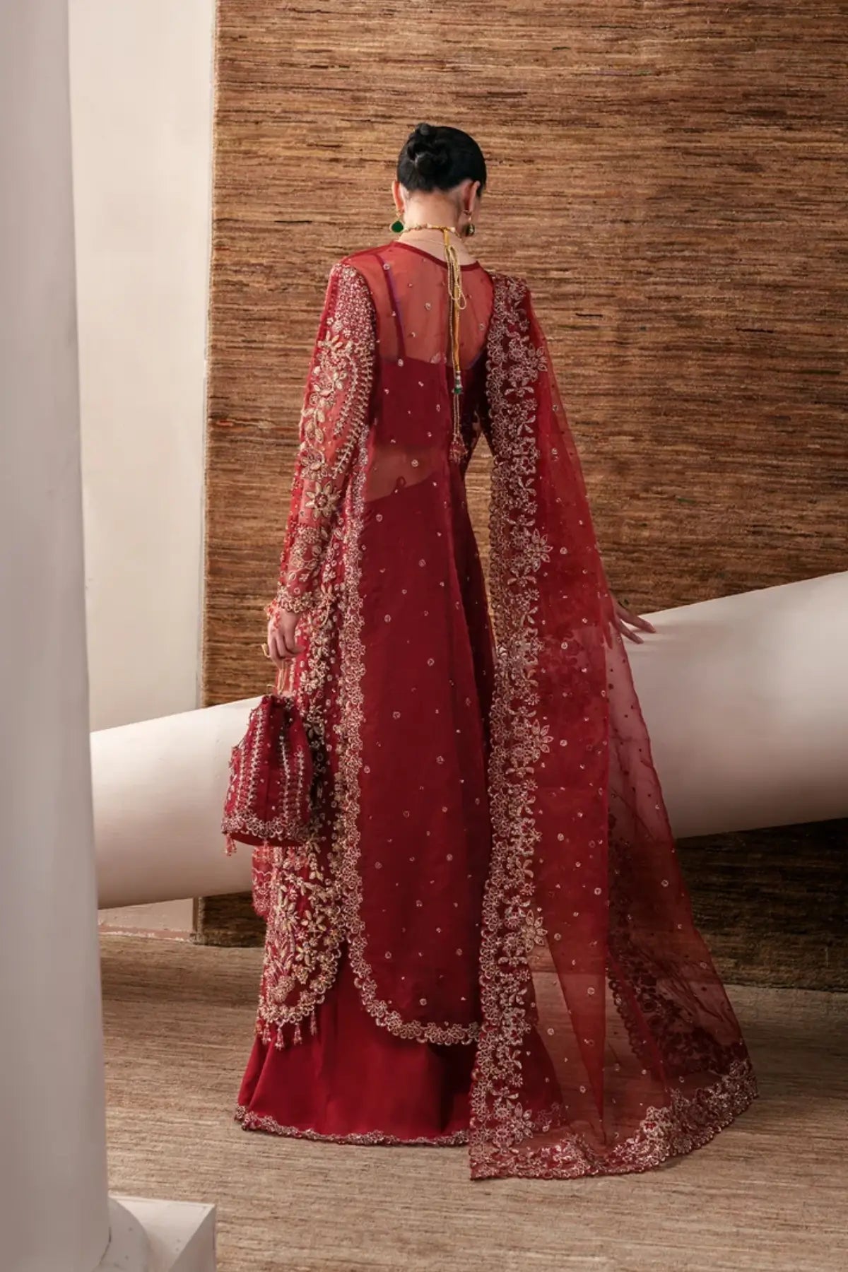 Ruby Veil Emaan Adeel red embroidered organza stitched 3PC wedding suit with dupatta and raw silk trouser