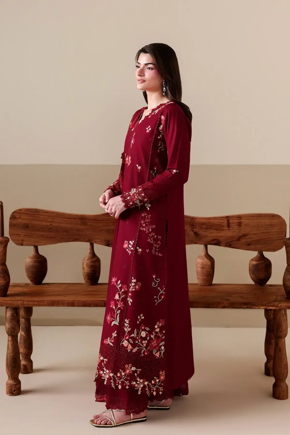 Ruby Rose by Azure maroon embroidered lawn stitched 3PC suit with chiffon dupatta and matching trousers