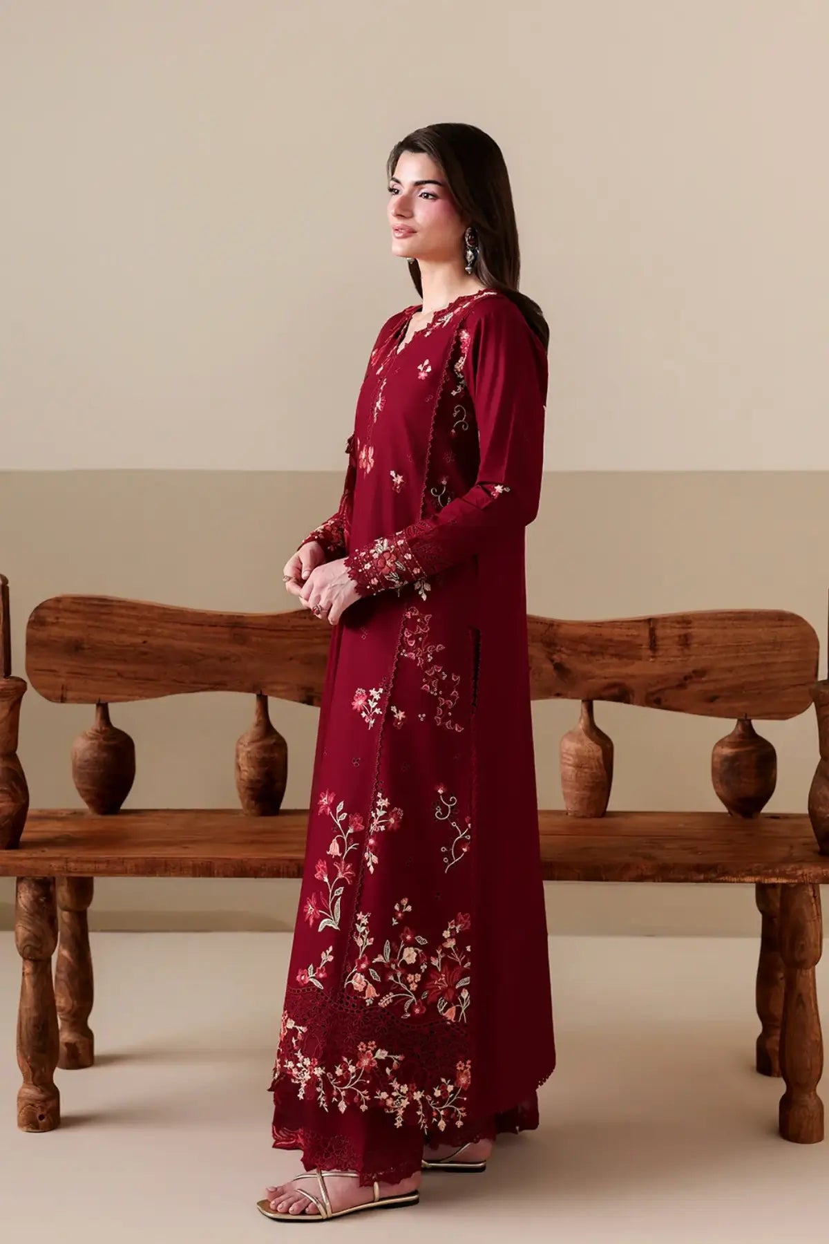Ruby Rose by Azure maroon embroidered lawn stitched 3PC suit with chiffon dupatta and matching trousers