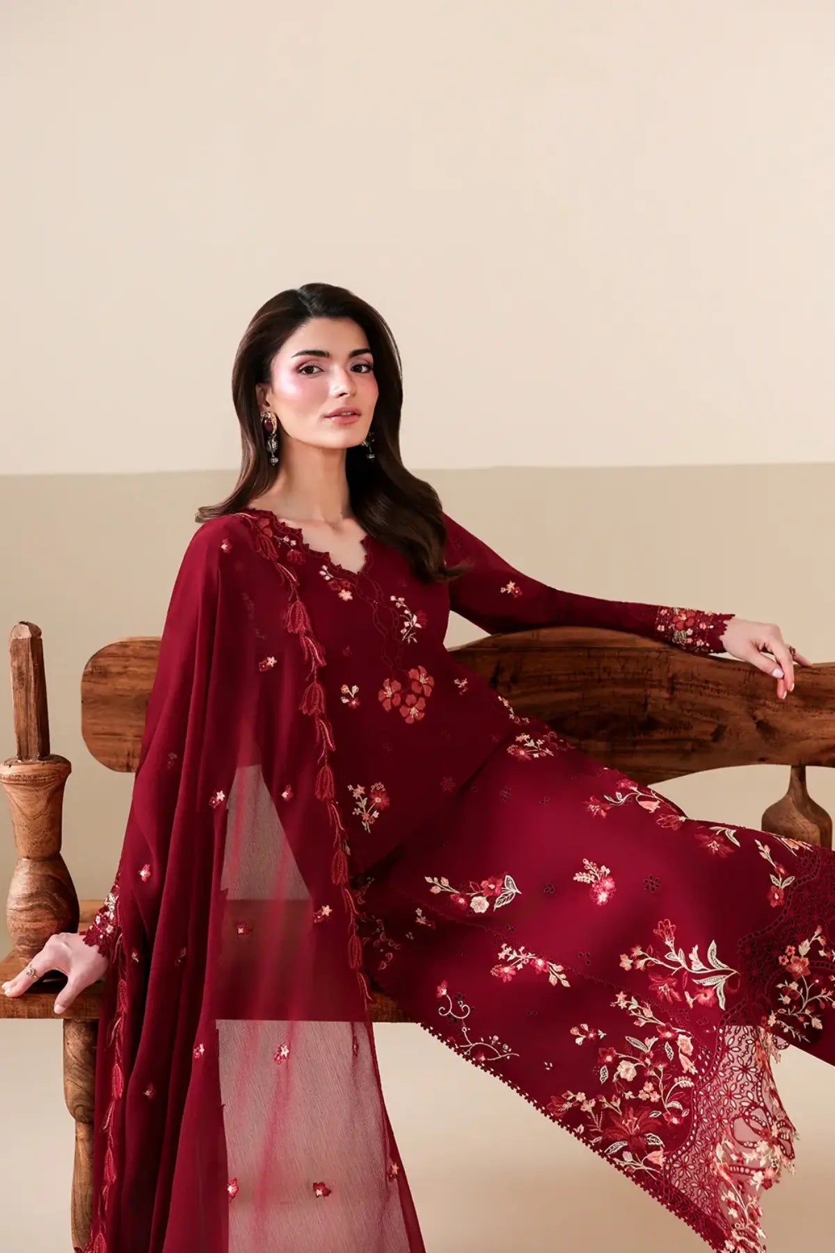 Ruby Rose by Azure maroon embroidered lawn stitched 3PC suit with chiffon dupatta and matching trousers