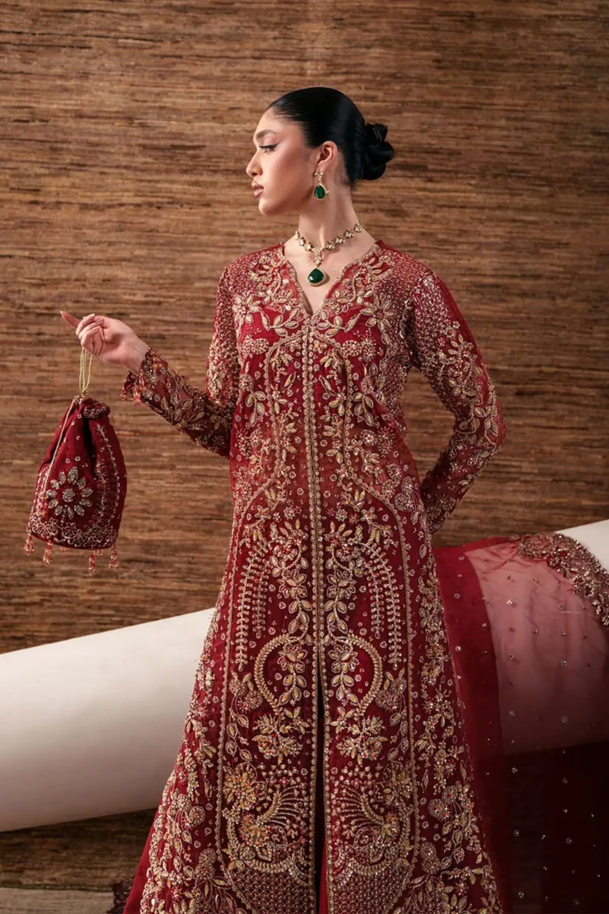 Ruby Veil Emaan Adeel red embroidered organza stitched 3PC wedding suit with dupatta and raw silk trouser