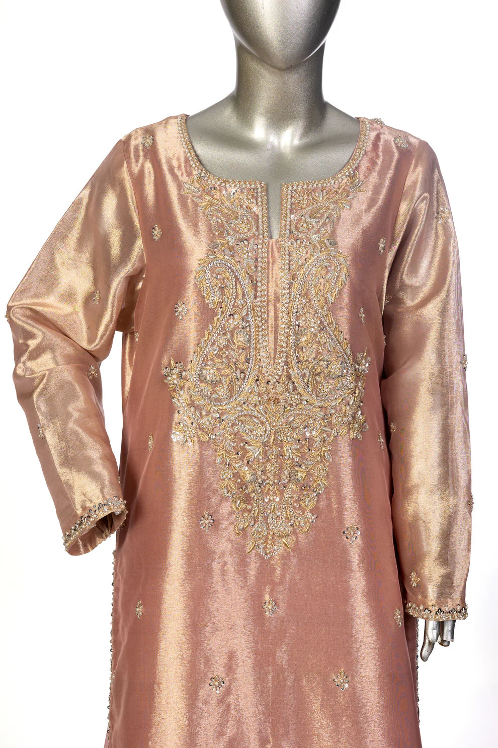 Ruhi Designer Dress by MariamRaj: Rose gold tissue shirt, pure silk pants, organza dupatta with embroidered applique, ideal for formal parties & evening events