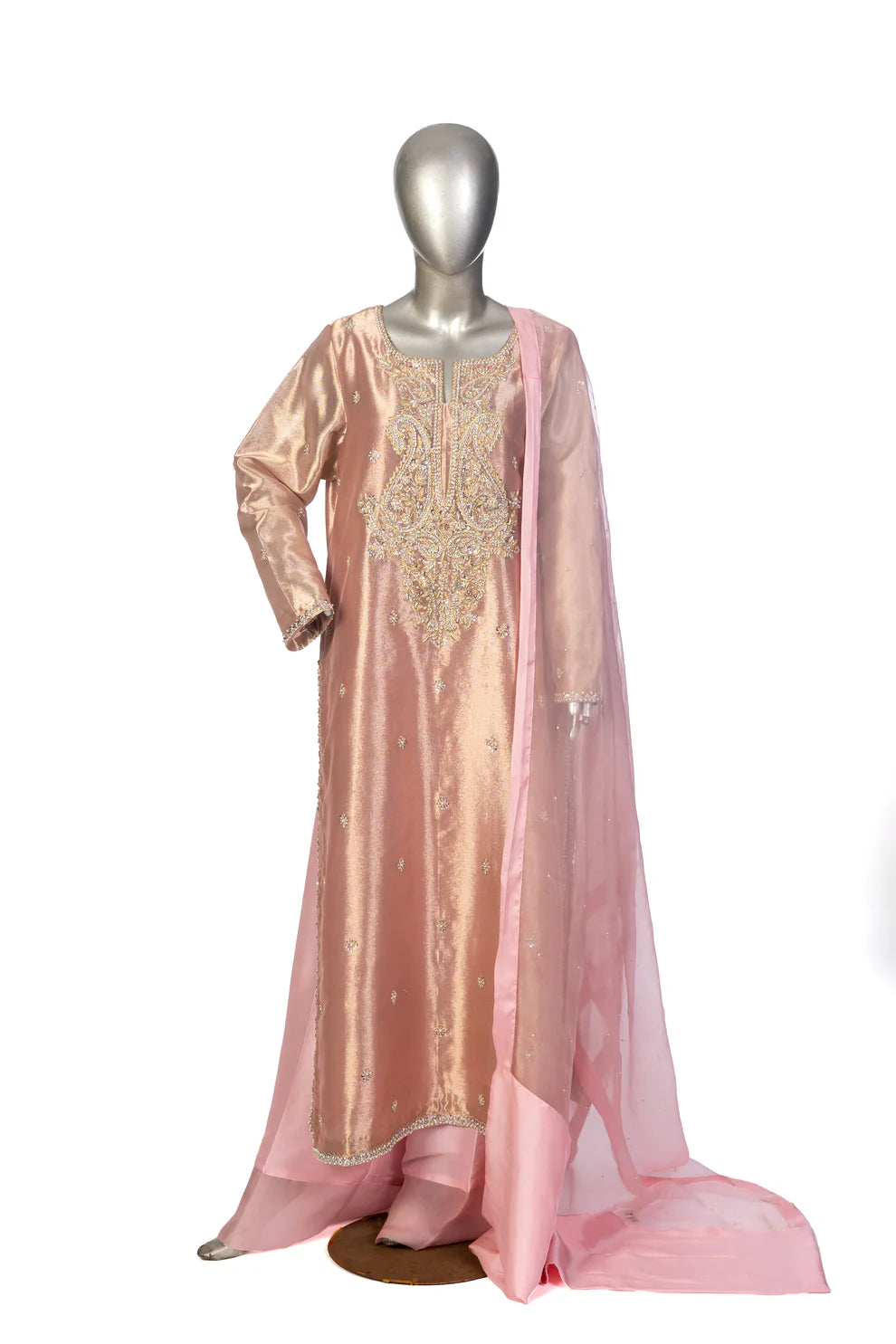Ruhi Designer Dress by MariamRaj: Rose gold tissue shirt, pure silk pants, organza dupatta with embroidered applique, ideal for formal parties & evening events