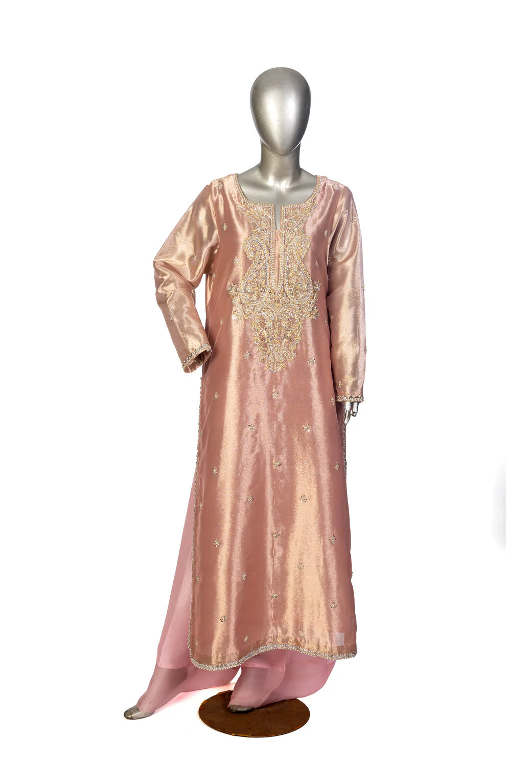 Ruhi Designer Dress by MariamRaj: Rose gold tissue shirt, pure silk pants, organza dupatta with embroidered applique, ideal for formal parties & evening events