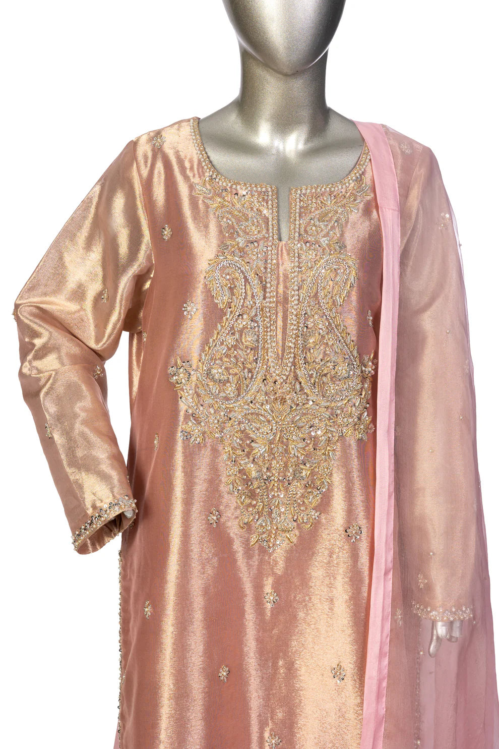 Ruhi Designer Dress by MariamRaj: Rose gold tissue shirt, pure silk pants, organza dupatta with embroidered applique, ideal for formal parties & evening events