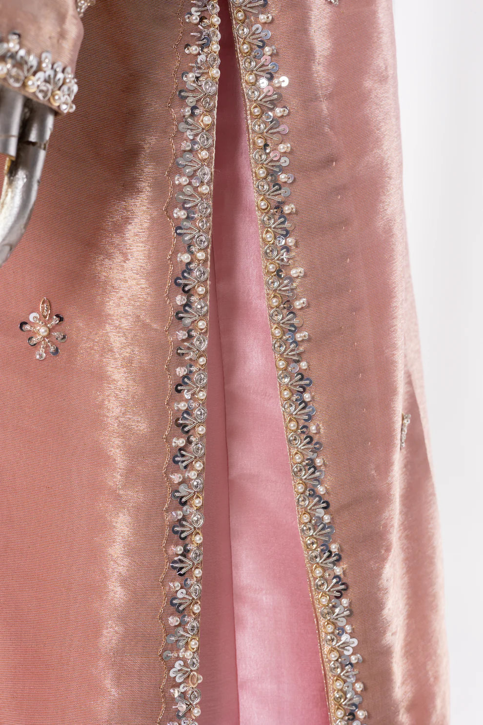 Ruhi Designer Dress by MariamRaj: Rose gold tissue shirt, pure silk pants, organza dupatta with embroidered applique, ideal for formal parties & evening events