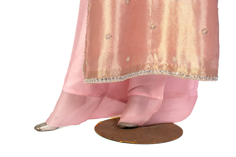 Ruhi Designer Dress by MariamRaj: Rose gold tissue shirt, pure silk pants, organza dupatta with embroidered applique, ideal for formal parties & evening events