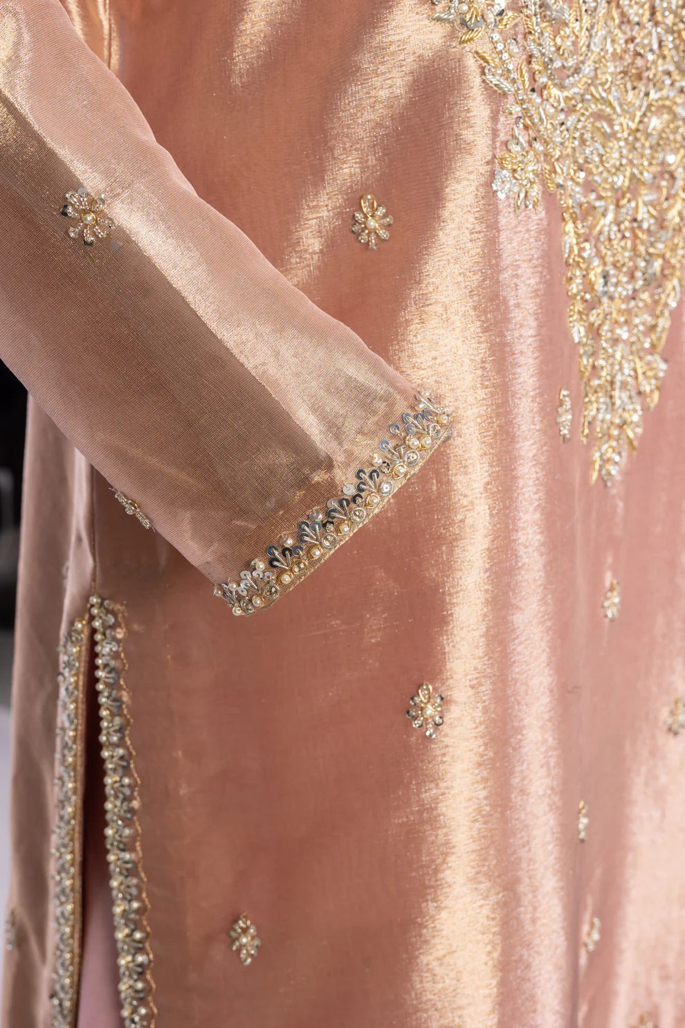 Ruhi Designer Dress by MariamRaj: Rose gold tissue shirt, pure silk pants, organza dupatta with embroidered applique, ideal for formal parties & evening events