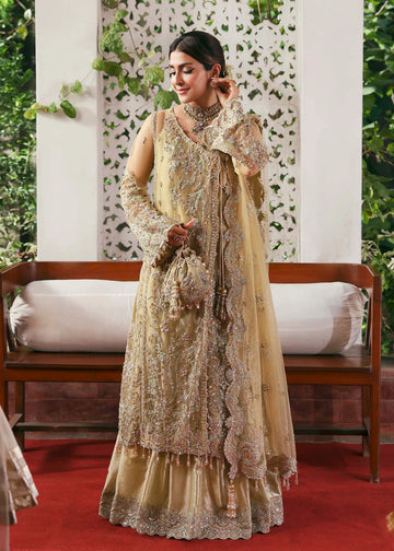 Rukhsaar – Champagne Beige Net Suit Maahi Festive ’25 by Kanwal Malik stitched only with embroidery, dupatta & trouser. Buy on Pakistanimoda.com.