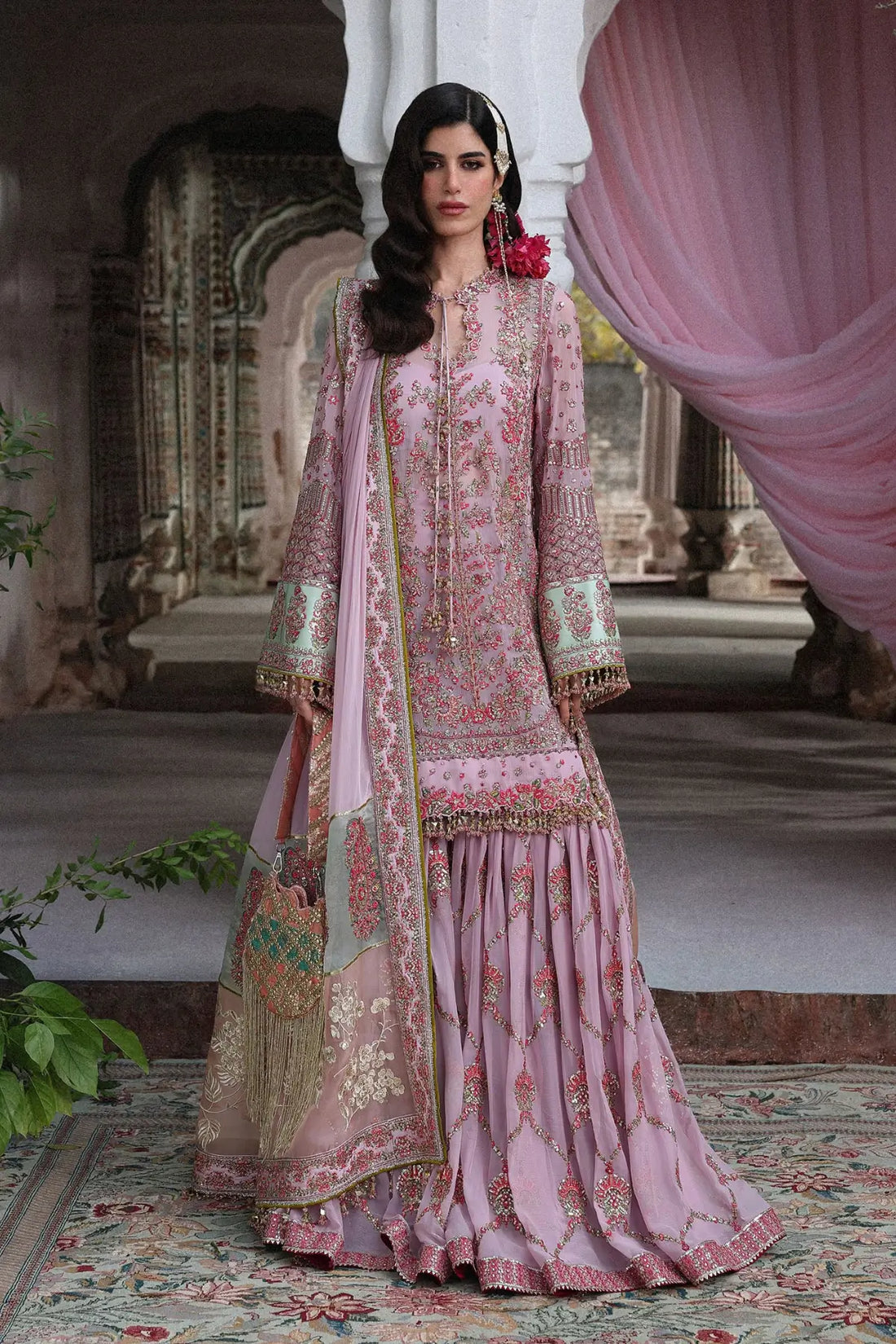 Pakistanimoda Rukhsaar Hussain Rehar lilac stitched chiffon gharara 3PC with chiffon dupatta organza pallu worldwide delivery
