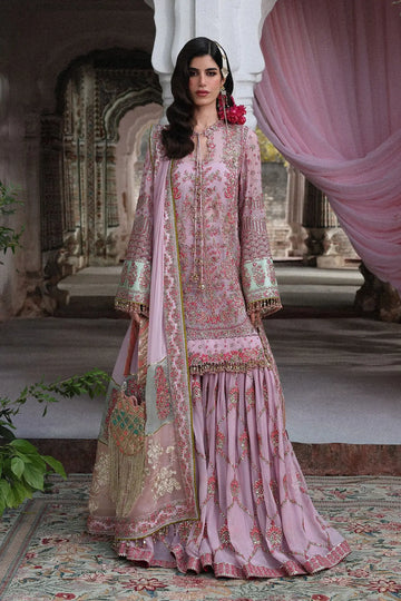 Pakistanimoda Rukhsaar Hussain Rehar lilac stitched chiffon gharara 3PC with chiffon dupatta organza pallu worldwide delivery