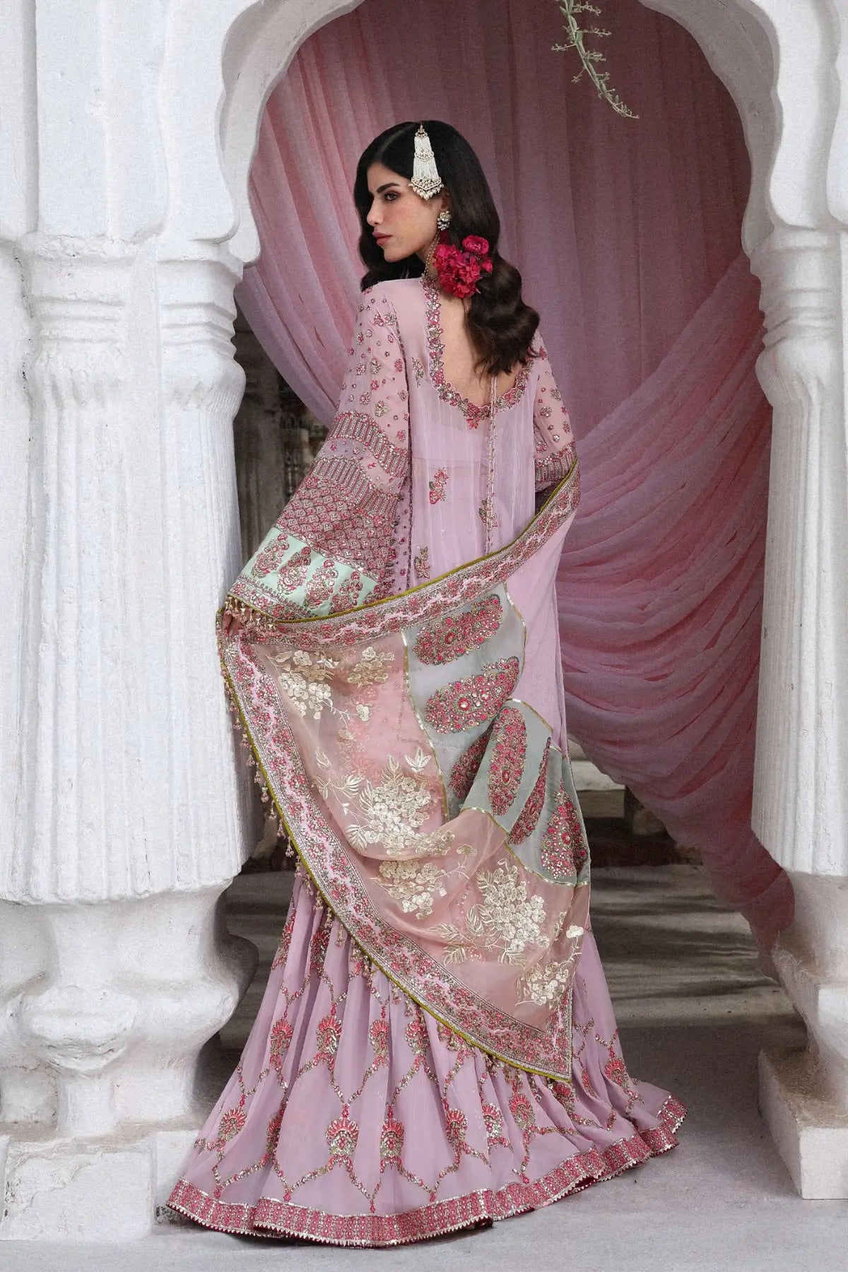 Pakistanimoda Rukhsaar Hussain Rehar lilac stitched chiffon gharara 3PC with chiffon dupatta organza pallu worldwide delivery