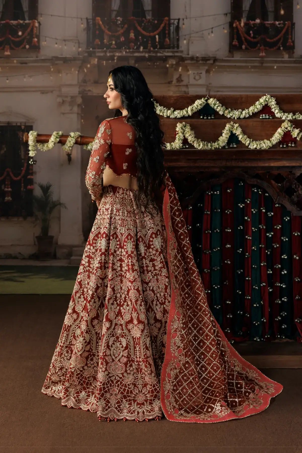 Rukhsan crimson red embroidered organza stitched wedding lehenga with detailed silver embroidery and elegant organza dupatta