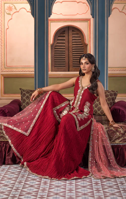 Rumaana- Red Mirror Work Shirt & Crushed Sharara Set By-Maya Pret-A-Porter