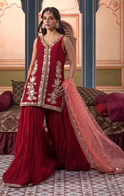 Rumaana- Red Mirror Work Shirt & Crushed Sharara Set By-Maya Pret-A-Porter