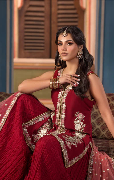 Rumaana- Red Mirror Work Shirt & Crushed Sharara Set By-Maya Pret-A-Porter