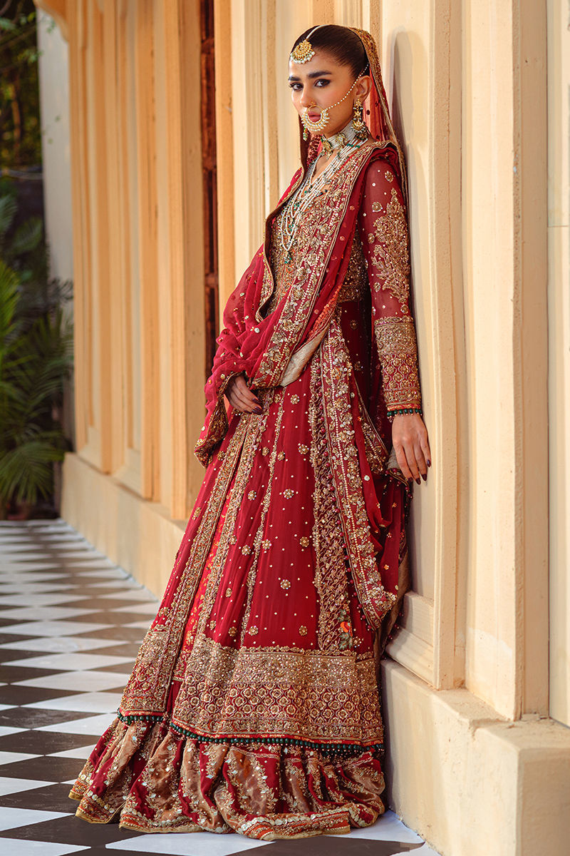 Rumeysa-Red Chiffon Handworked Bridal Pishwas
