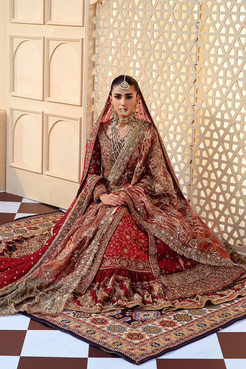 Rumeysa-Red Chiffon Handworked Bridal Pishwas