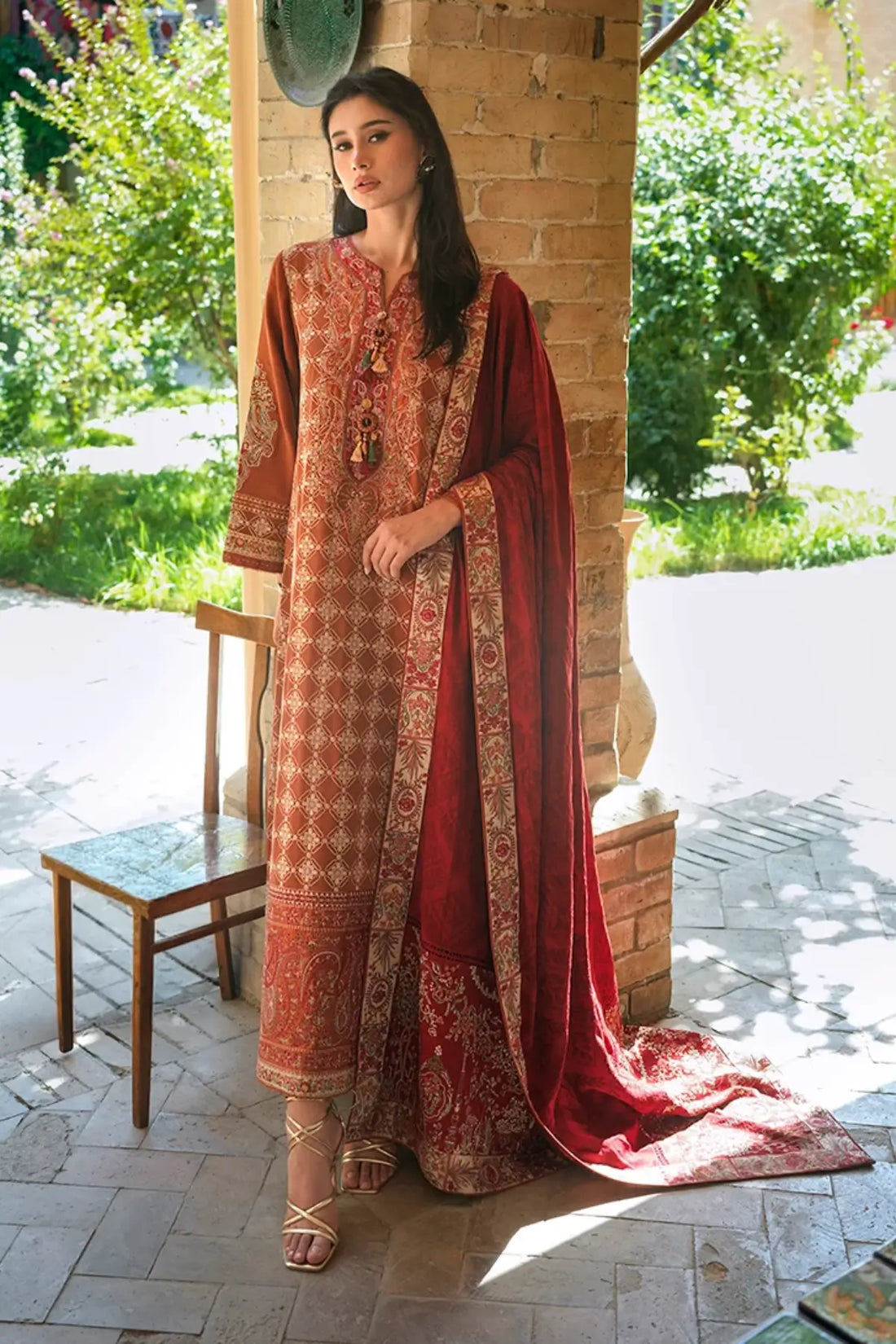 Rumi Sunset by Mushq Broadway Winter 2026 rust embroidered corduroy stitched winter suit with dobby viscose shawl
