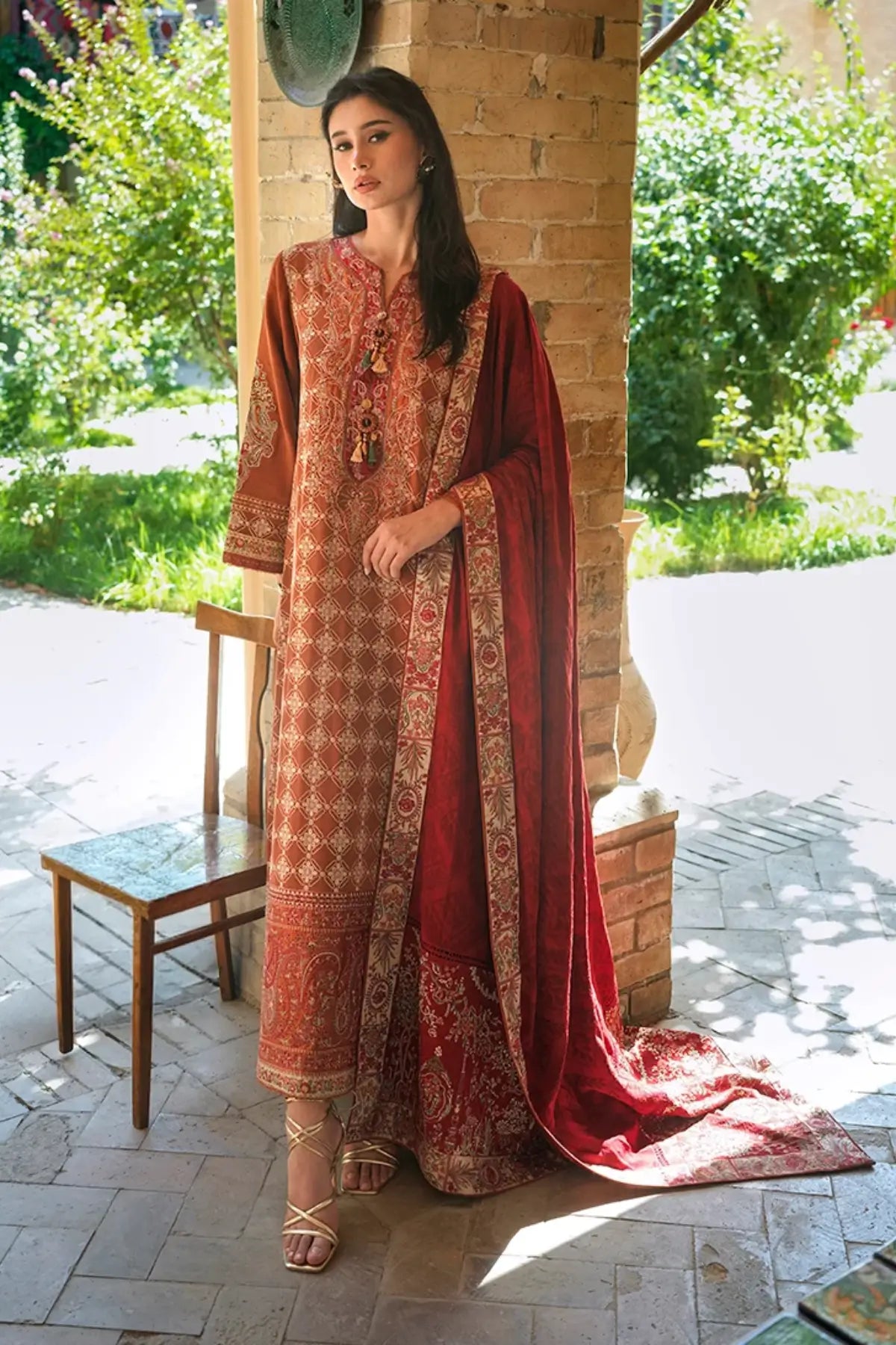 Rumi Sunset by Mushq Broadway Winter 2026 rust embroidered corduroy stitched winter suit with dobby viscose shawl