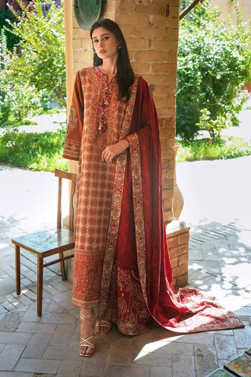 Rumi Sunset by Mushq Broadway Winter 2026 rust embroidered corduroy stitched winter suit with dobby viscose shawl