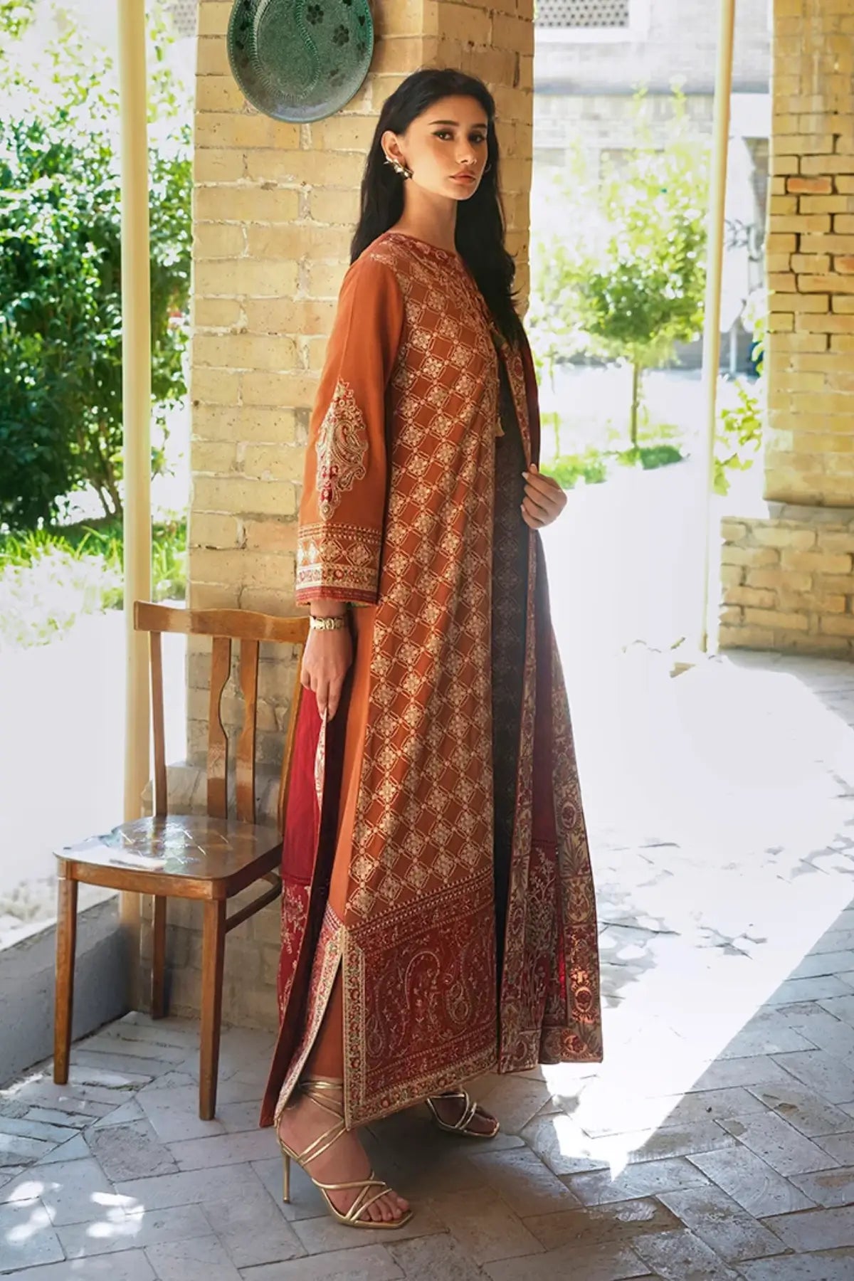 Rumi Sunset by Mushq Broadway Winter 2026 rust embroidered corduroy stitched winter suit with dobby viscose shawl
