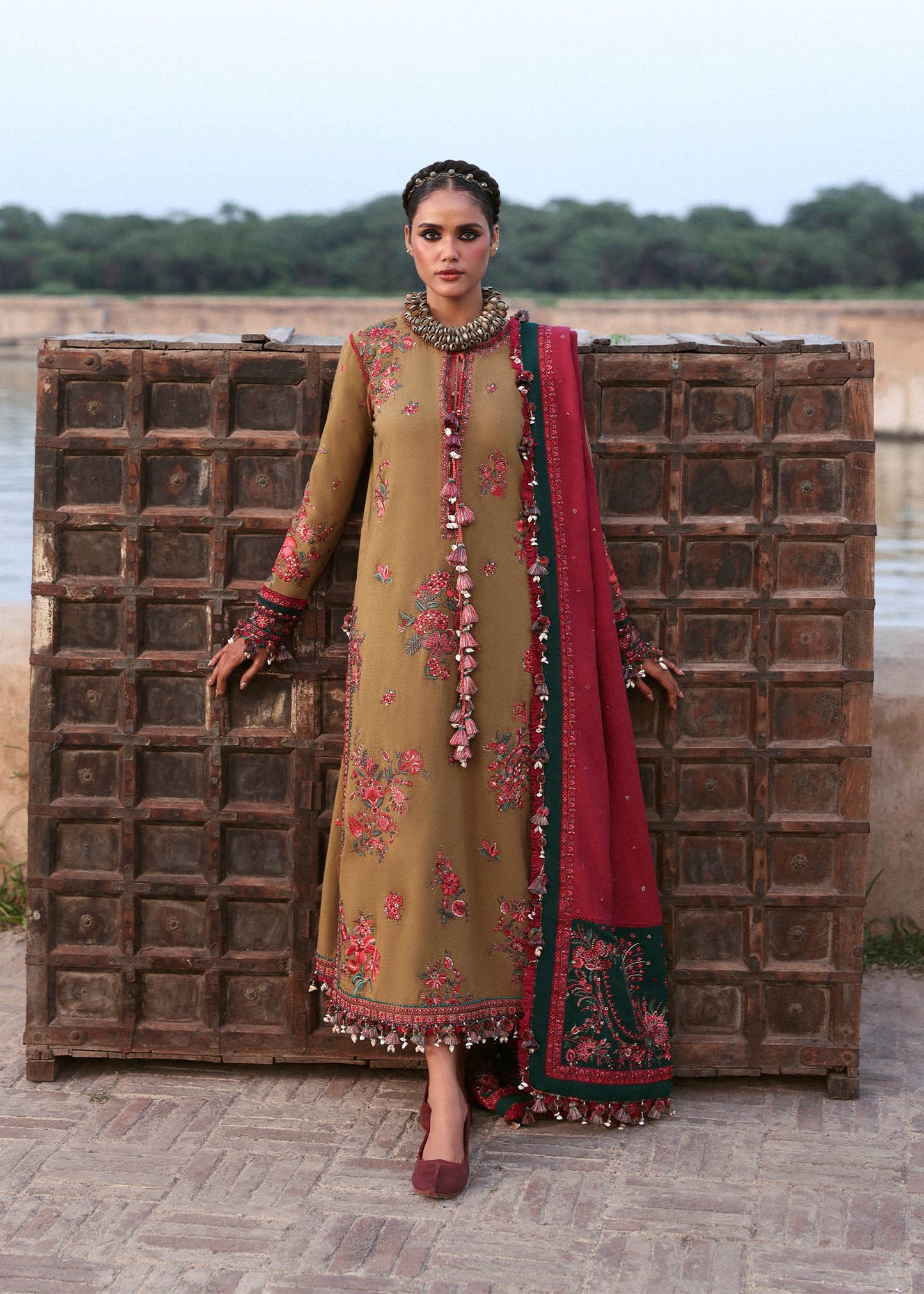 Rumi Olive Green Karandi Shawl Suit by Hussain Rehar for Dholki Mayoun | pakistanimoda.com