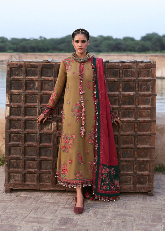 Rumi Olive Green Karandi Shawl Suit by Hussain Rehar for Dholki Mayoun | pakistanimoda.com