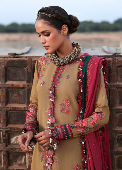 Rumi Olive Green Karandi Shawl Suit by Hussain Rehar for Dholki Mayoun | pakistanimoda.com