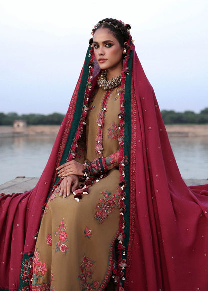 Rumi Olive Green Karandi Shawl Suit by Hussain Rehar for Dholki Mayoun | pakistanimoda.com