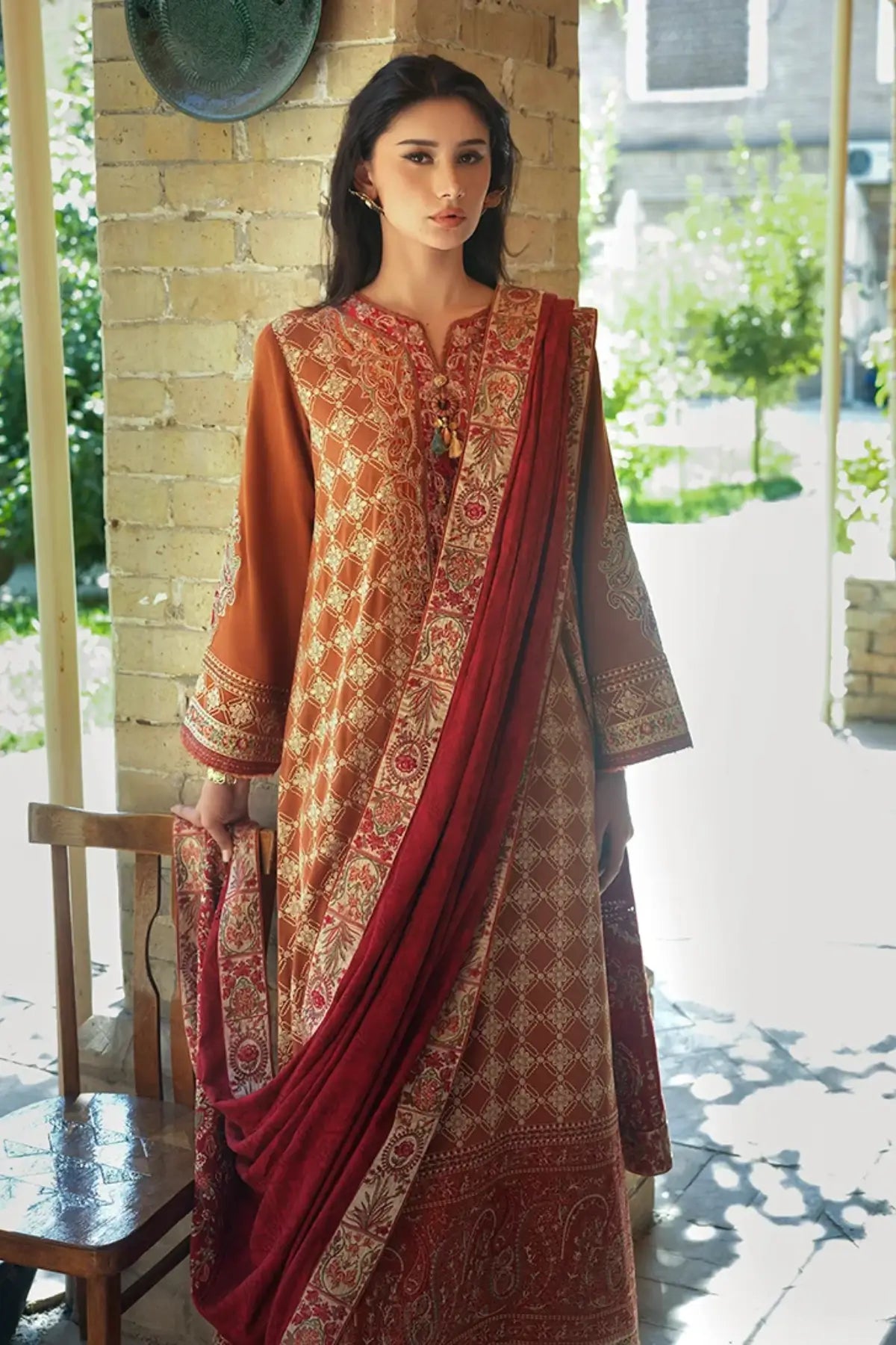 Rumi Sunset by Mushq Broadway Winter 2026 rust embroidered corduroy stitched winter suit with dobby viscose shawl