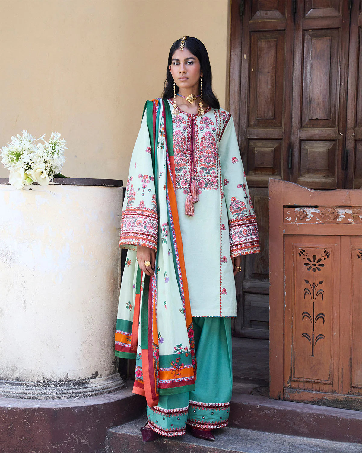 Rupal- Light Green Embroidered Ensemble By- Hussain Rehar